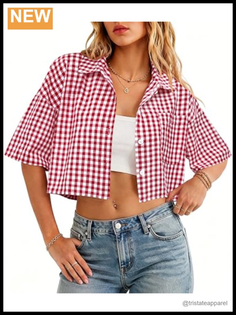 Women's Cotton Cropped Button Down Short Sleeve Gingham Shirt
